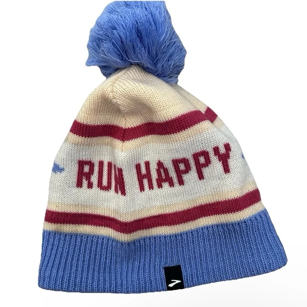 Brooks Run Happy Blue Cream Maroon Pom Beanie